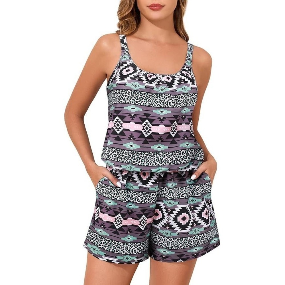 Summer Mae Women's 1pc Blouson Modest Swim Romper‎ - Bohemia Game Board - 16